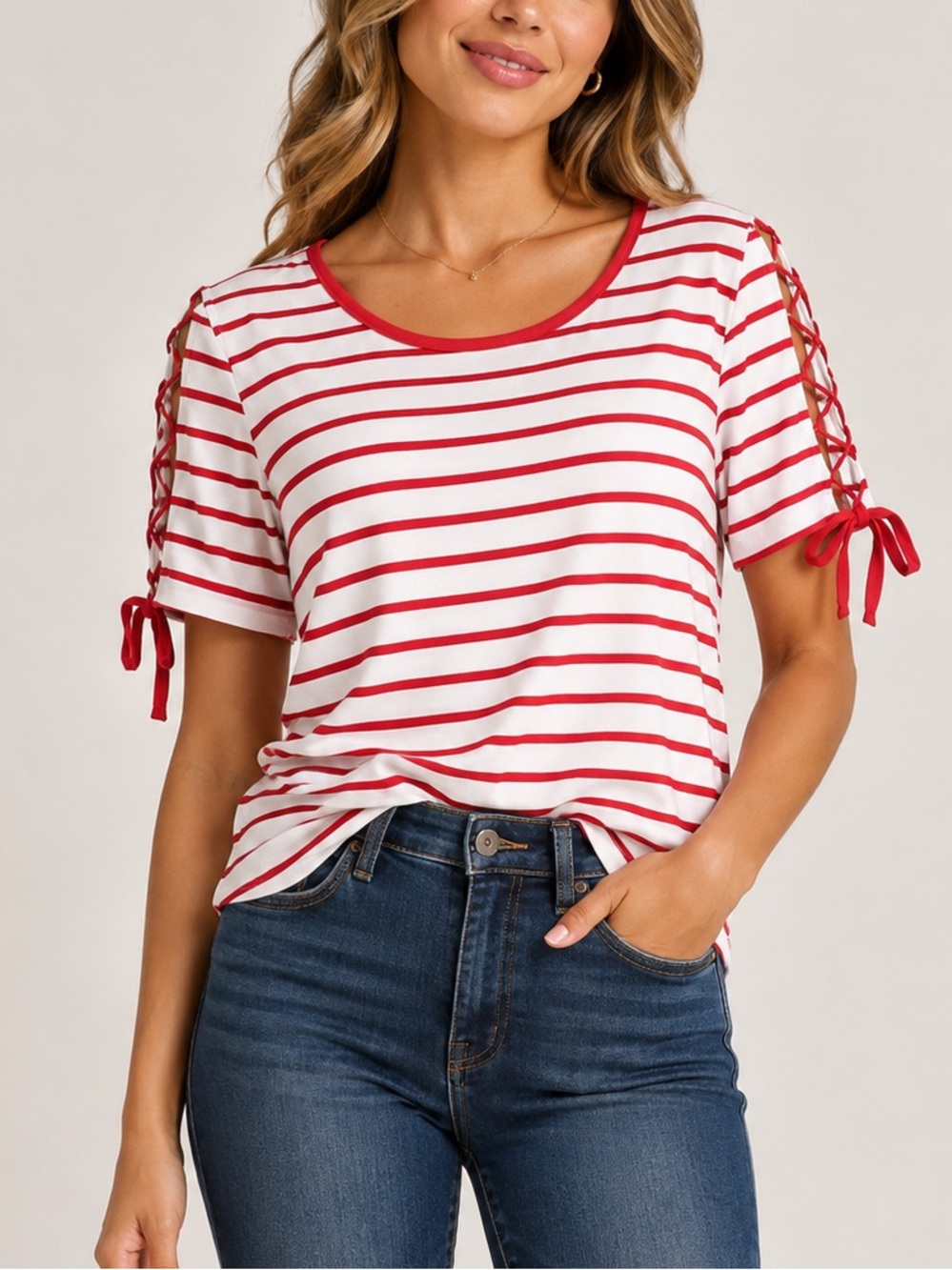 French Laundry Red & White Striped Lace-Up Sleeve Tee